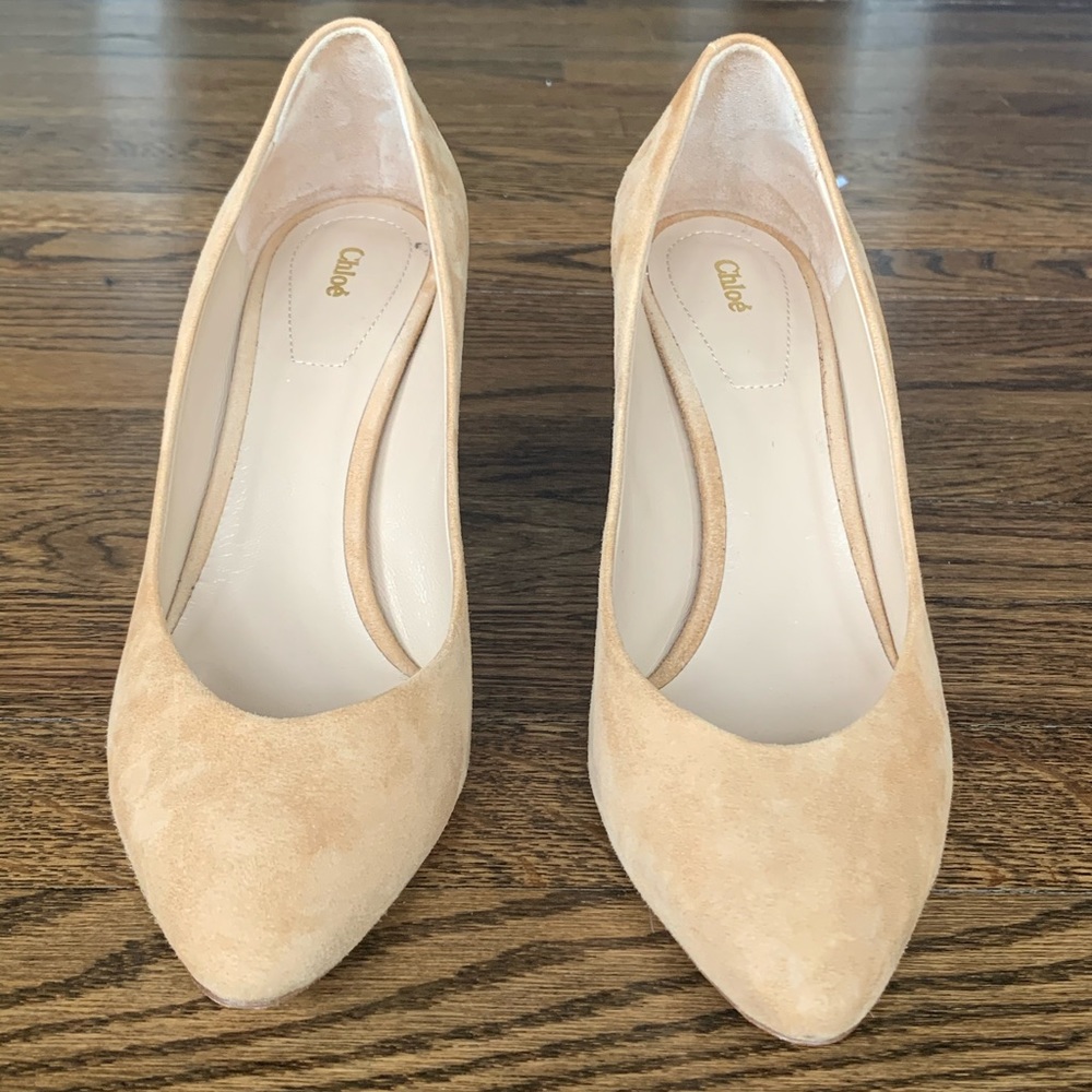 CHLOE SUEDE BLOCK HEEL PUMPS -  NUDE - SZ EU 37